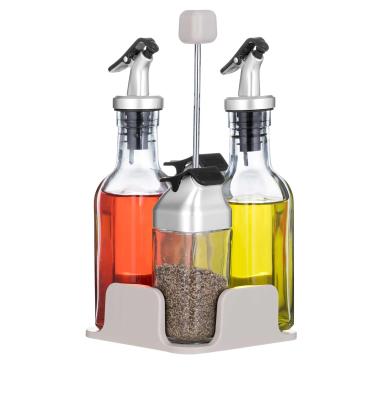 China Sustainable Kitchen Cooking Anti Dust And Non Drip To Spout Olive Oil Vinegar Empty Glass Bottle For Dispensing And Spicing Shaker Set With Stand for sale