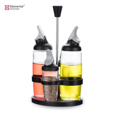 China Craftsman Flip and Seal Operation Olive Oil and Pepper Dispenser and Salt Vinegar Shaker 4pcs Set with Rack for Kitchen for sale