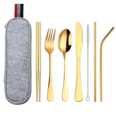 China Travel utensil set with case 8 piece spoon fork knife straw brush portable stainless steel camping travel cutlery set for sale