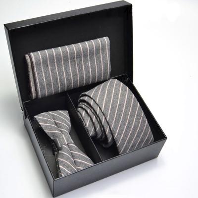 China Cotton Linen Classic Business Casual Bowtie Pocket Square Stripe Jacquard Tie Sets With Gift Box for sale