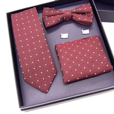 China 100% Cashmere Gift Box Fashion Polyester Polka Dot Print Bow Necktie Cufflinks Mens Ties And Handkerchief Sets for sale