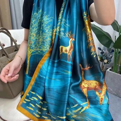 China 90x180cm Polyester Design Polyester Luxury Fashion Warp Printing Women Big Size Scarf Satin Shawls for sale