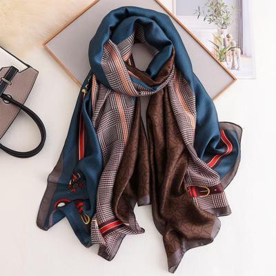 China Large Size 90x180 Polyester Scarf Women Tartan Tartan Premium Fashion Printing Luxury Satin Shawls for sale