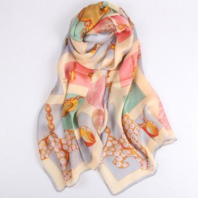 China 180cm Women Scarf Fashion Brand Designer Striped Premium Satin Silk Large Size Printing Luxury Shawl for sale