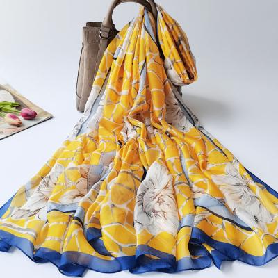 China Long 110x195cm Large Soft High Fashion Shawl Big Size 100% Satin Chiffon Floral Printed Scarves Long For Women for sale