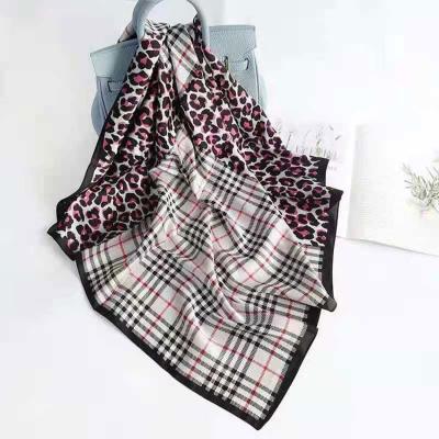 China Polyester women square scarf high fashion plaid leopard printing square satin imitated silk scarf for sale