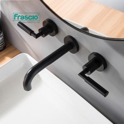 China Frascio Metered High End Faucets 3 Holes Two Handles Wall Basin Faucet With Simple Design For Bathroom Black Wall-in Mounted Basin Faucet for sale