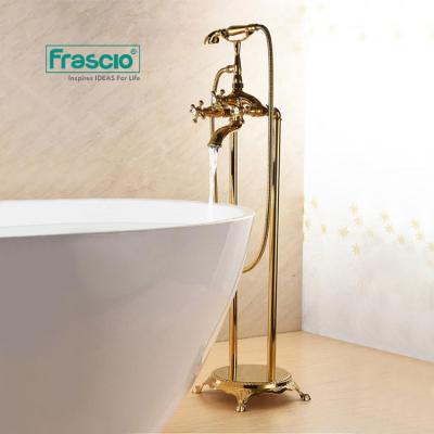 China Without Slide Bar Frascio Luxury Royal Brass Bathroom Retro Floor-standing Faucets Brushed Gold For Bathtub Bath Floor Freestanding Faucet for sale