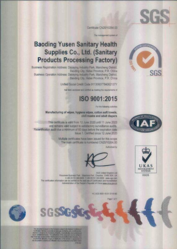 ISO9001 - Baoding Yusen Sanitary Health Supplies Co., Ltd.