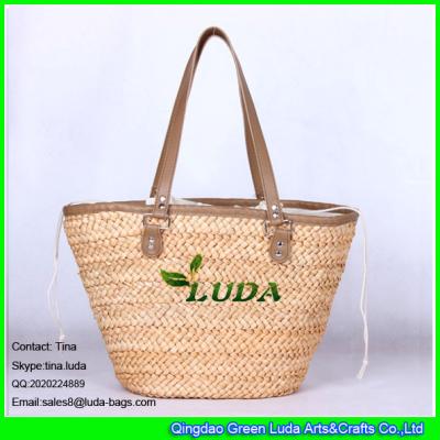 China LUDA ice cream straw handbags top leather piping straw tote beach bags for sale