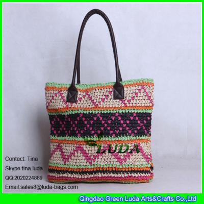 China LUDA spainish straw handbag fashion crocheted pattern paper straw bag leather handles for sale