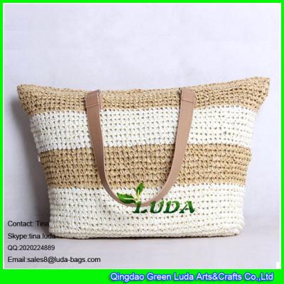 China LUDA hot sell handmade double crochet handbag striped straw beach tote bag for sale