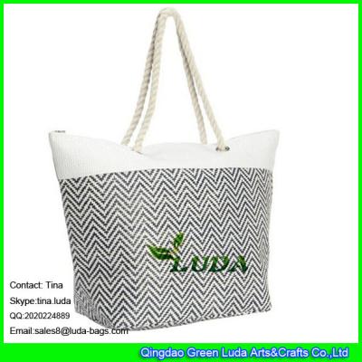 China LUDA neutical black white striped woven straw fashion tote shoulder purse for sale