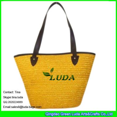 China LUDA ladies leather handbags yellow straw handmade beach tote bags for sale