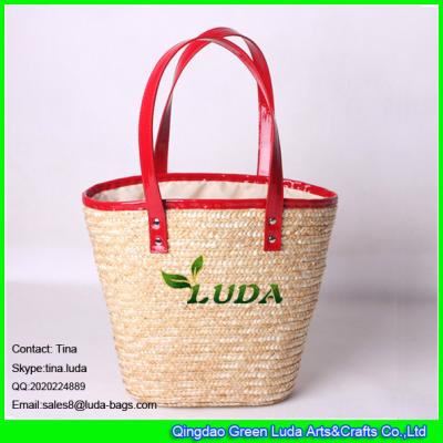 China LUDA wholesale handbags red leather handles tote straw beach hand bags for sale