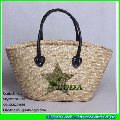 China LUDA golden sequins star beach totes fashion wheat straw handbags for sale