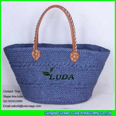 China LUDA handmade tote bags navy blue pu leather handles paper straw shopping bag for sale