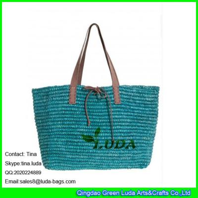 China LUDA lake blue colored raffia handbags crochetting raffia shoulder straw tote handbag for sale