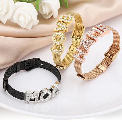 China Vintage Inlaid Zircon 26 Letter Adjustable Bangle Bracelet Stainless Steel Mesh Belt Simple Personality Bangle Jewelry Gifts for sale