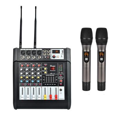 China Indoor/outdoor activities/dj selling professional 4-Channel Digital Built-in Power Amplifier Audio Mixer with Wireless Microphone for sale