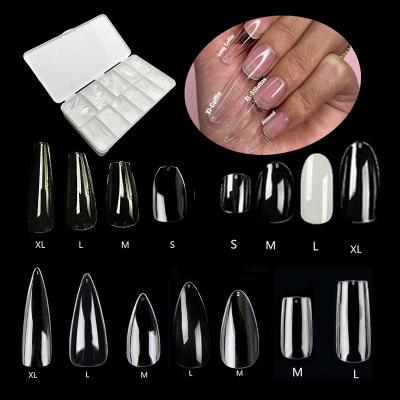 China New Coming XL Fashion Coffin Medium Almond Tapered Gel-Nail Customize Logo Nail Tips Stiletto French Full Cover With White Case Packing for sale