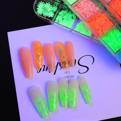 China 2021 New Product DIY Design Long Lasting Super Fluorescent Manicure Decals Glitter Shine Butterfly Star Shape Nail Art Glitter Luminous Sticker for sale