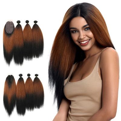 China Water Wave 18-22 Inch Yaki Straight Hair Bundles 6 Inch Lace Front With Closure Gold Synthetic Hair Extension Ombre Brown Ombre Brown for sale