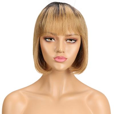 China Short Wave Short Hair Silky Straight Wig With Bangs Brown Mix Cheap Machine Made Color For Women Peruvian Remy Human Hair Full Wigs for sale