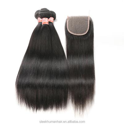 China Silky Straight Wave Joedir Brazilian Straight Hair With Lace Closure 4x4 Part Free Part 4x4 Pcs Natural Color Non Remy Human Hair 3 Bundles With Closure for sale