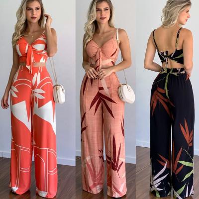 China Anti-pilling 2022 summer stylish casual women outfits lace up print crop top waist high wide leg pants two-piece pants set women outfits for sale