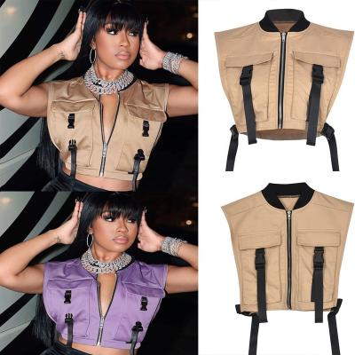 China 2022 New Arrivals Fashionable Breathable Women's Casual Vest Tops Women's Sleeveless Zipper Vest Cargo Jacket Crop Girl Vest Short Vest for sale