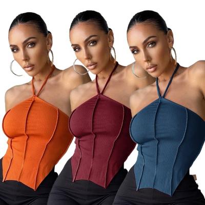 China 2022 Designs Breathable Stylish Tank Tops Women Casual Backless Halter Basic Sports Gym Vest Ribbed Knit Crop Tops Fashionable For Woman for sale