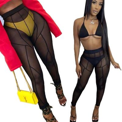 China 2022 Breathable Sexy Gauze Waist Pencil Ladies Pants Translucent Sexy See Through Mesh Trousers Gym Wear Summer Women Gaiters Tops for sale