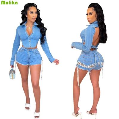 China New Breathable Fashionable Denim Backless Crop Top And Bandage Jeans Short Pants Bodycon Sexy Denim Cut Matching Two Piece Set For Women for sale