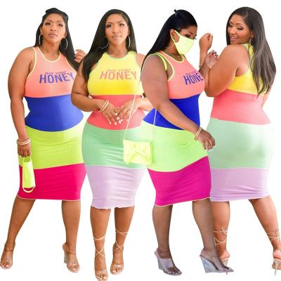 China Anti-Static Summer XL-4XL Plus Size Women Clothing Rainbow Letter Print Bodycon Midi Dress Women Patchwork Plus Size Casual Dresses for sale