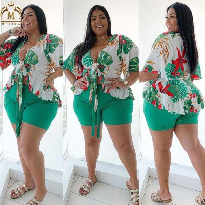 China Hot Selling Summer QUICK DRY Plus Size Women Clothing Deep V Lace Up Printed Shorts Sheath 2 Two Piece Set Women Shorts Set For Summer for sale