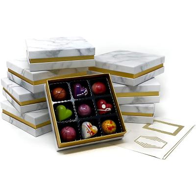 China Recycled Materials 8 Plastic Chocolate Boxes with 9 Tray Inserts Marble Design and Customizable Gift Tags Box for Chocolate Candy for sale