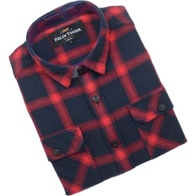 China Anti-pilling Checked Line Red Black Long Sleeve Cotton Flannel Yarn Dyed Two Eyes Button Chest Pocket Multicolor Flannel Shirt Men for sale