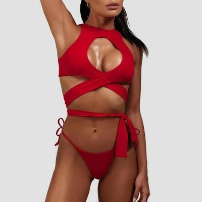 China Women Antibacterial Custom Swimsuit Triangle Cross Two Piece Set Bikini Beach Wear for sale