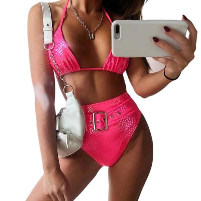 China Custom Antibacterial Leather Sexy Beach Wear Bikini Set Two Piece PU Women Swimsuit Snake Pattern Belt Swimwear for sale