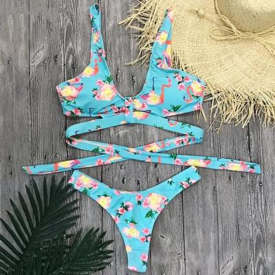 China Custom Fitness QUICK DRY Women Bathing Two Piece Swimwear Floral Print Halter Bikini Beach Wear Bathing Suit for sale