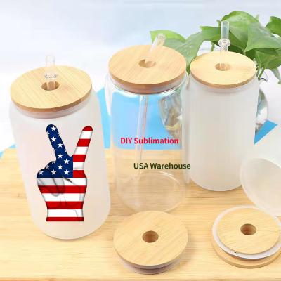 China 12oz 16oz Viable Straight Lean Clear Frosted Beer Can Shaped Beer Jar With Bamboo Lid Of Sublimation Glass Tumbler And Plastic Straws for sale