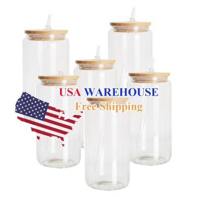 China 12oz 16oz Sublimation DIY Empty Canister Shaped Beer Glass Mugs With Bamboo Lid And Straw Beer Can Glass For Iced Coke for sale