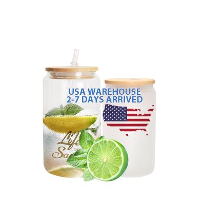 China Sustainable USA STORE RTS Stocked 12oz 16oz Frosted Clear Libbey Sublimation Beer Can Shaped Glass Mugs With Bamboo Lid And Straw for sale