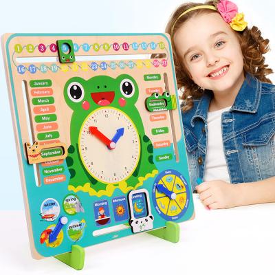 China Multifunctional Wooden Calendar Clock Toy Preschool Education Kids Weather Months Seasons Knowledge Board for sale