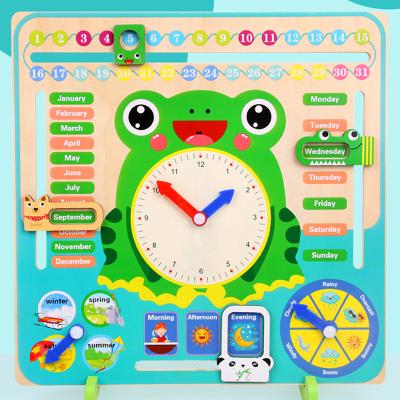 China Montessori Cartoon Frog Wooden Calendar Clock Set Children Cognitive Wooden Calendar Time Matching Toys for sale