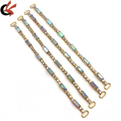 China Clear underwear rectangle ab crystals buckle metal gold chain for swimwear rhinestone bikini connector for sale