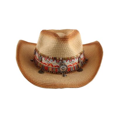 China Amazon European and American Hot Selling Eaves Style Cowboy Straw Hat Summer Straw Beach Big Western Hat for sale