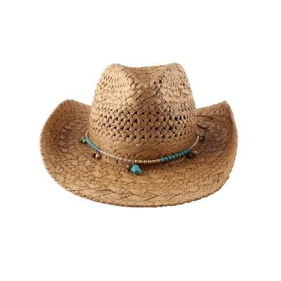 China European And American Style Spring And Summer Hand Knitted Western Cowboy Hat European And American Bell Shape Big Eaves Rolled Edges Sunscreen Straw Hat for sale