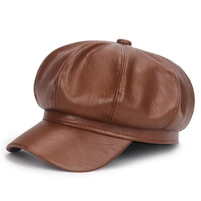 China Fashion Autumn And Winter Vintage Beret Pu Solid Color Leather Beret Hat For Women for sale